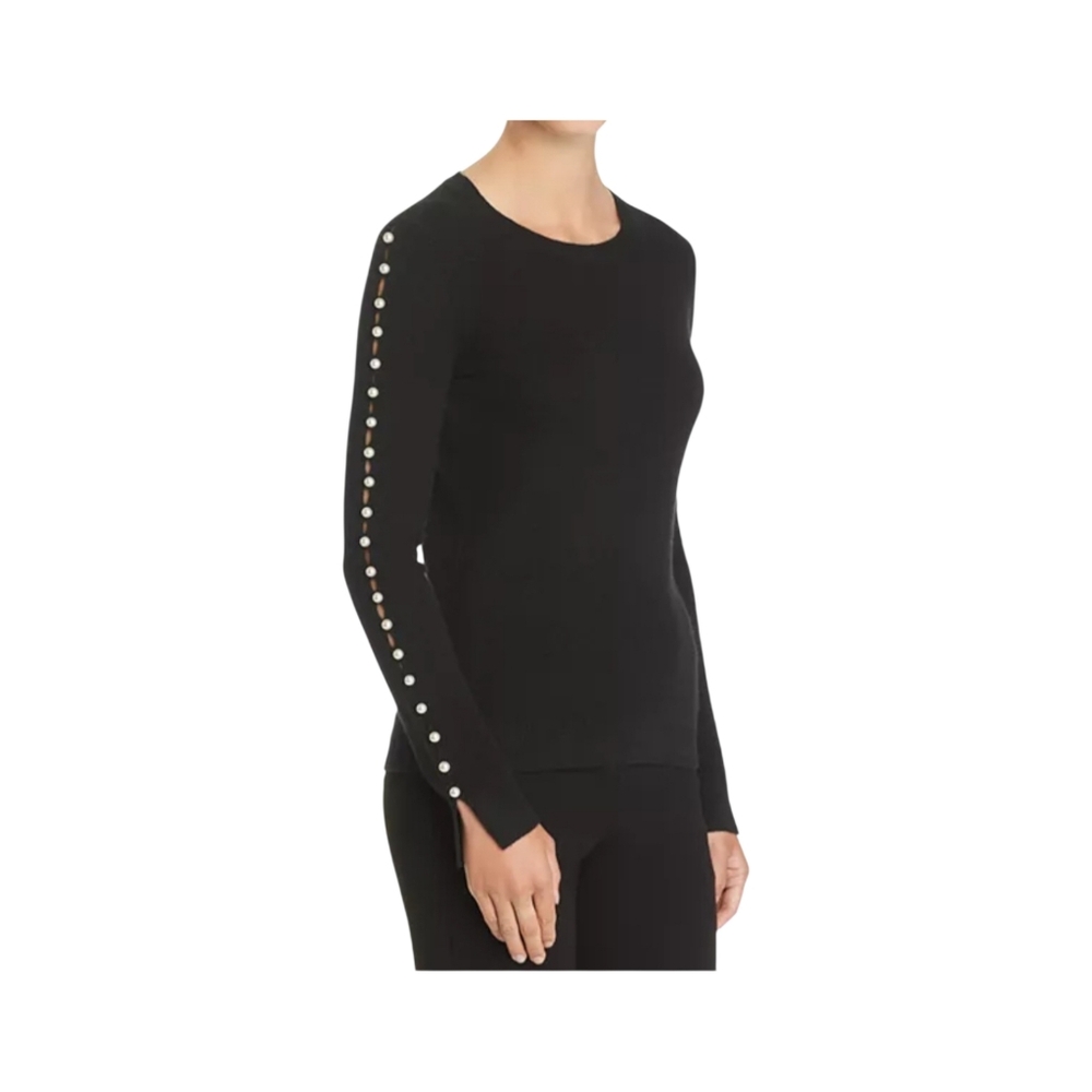 C by Bloomingdale's Embellished Pearl Sleeve Cashmere Crew Neck Sweater in black